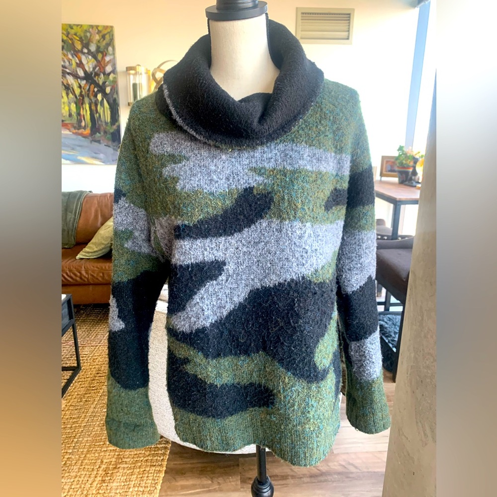 Bloomingdale’s Cowl Neck Army Print Sweater
